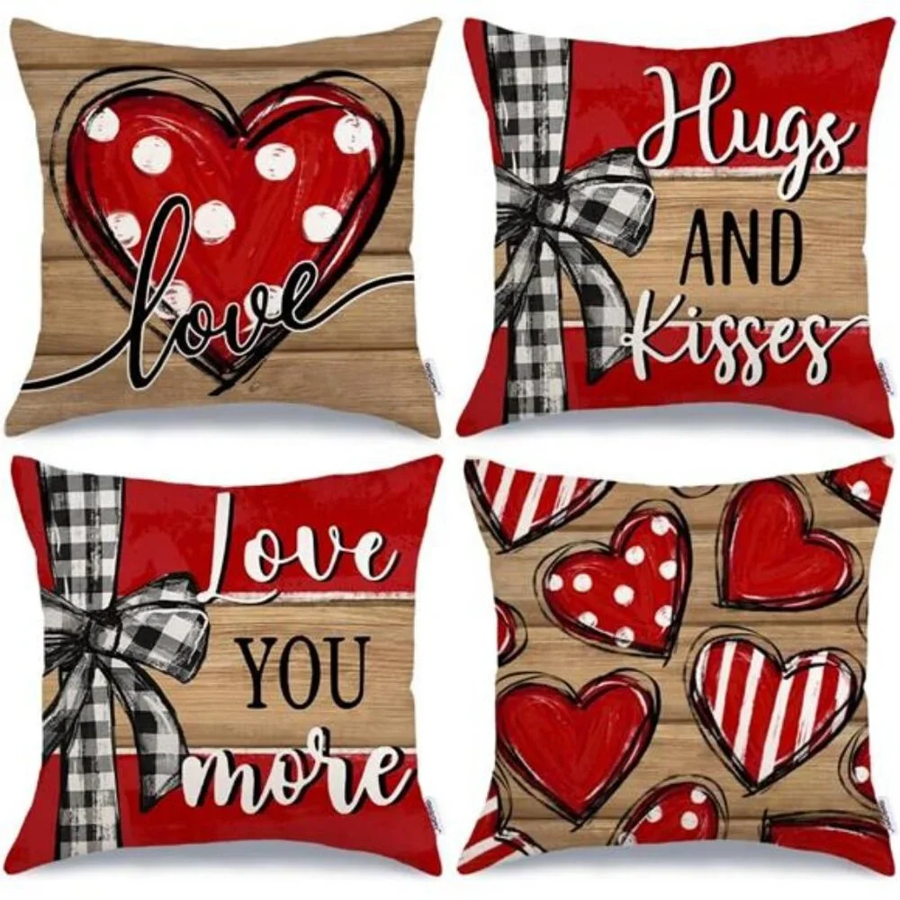 Valentine's Day Love You More Hugs and Kisses Throw Pillow Covers 18x18
